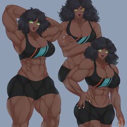 abs black_hair dark-skinned_female elyunae green_eyes huge_breasts muscular_female sports_bra toned toned_female