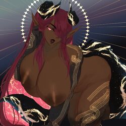 breast_press breasts_bigger_than_head dark-skinned_female elyunae horns huge_areolae huge_breasts large_breasts pointy_ears puffy_nipples