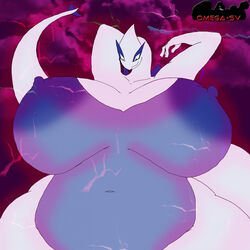 anthro big_breasts breasts dynamax female female_only hands_behind_head huge_breasts hyper legendary_pokémon lugia nintendo nipples omega-sv pokemon pokemon_(species) sparks