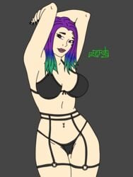 arms_up artist_name blue_hair breast_grab breasts color colored free_fire garena green_hair lingerie moco_(free_fire) multicolored_hair piercing purple_hair simple_background zzerotic