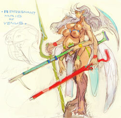 4_arms big_breasts breasts character_request copyright_request glowing_eyes green_eyes maid_of_venus multi_arm multi_breast multi_limb pregnant sketch ukatsu_juuzou weapon white_hair wings