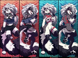 4:3 advertisement anthro ass breasts canid canine canis clothed clothing collar dakimakura_design digital_media_(artwork) female genitals hair harness helluva_boss loona_(helluva_boss) mammal nipples pussy red_sclera roanoak shaded solo spiked_collar spikes thick_thighs white_hair wide_hips wolf