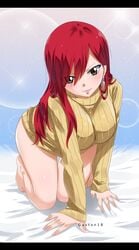 all_fours bare_legs bed bottomless erza_scarlet fairy_tail gaston18 kneeling legs long_hair no_pants on_bed red_hair smile sweater