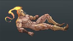 1boy abs bandage cum helmet league_of_legends leg_armor male male_only nipples pantheon penis sedo sedo_(usingincognito) solo solo_male tattoos usingincognito