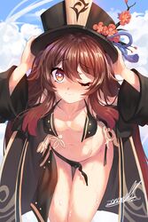 1girls bikini blush breasts brown_hair crying genshin_impact hu_tao_(genshin_impact) humiliation midriff navel open_bikini open_bikini_bottom open_bikini_top red_eyes small_breasts swimsuit thick_thighs thighs twintails wink zonunoll