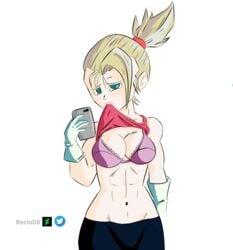 1girls black_pants blue_eyes bra breast breasts cellphone cellphone_picture dragon_ball dragon_ball_multiverse female pink_bra pink_shirt ponytail reciodb selfie showing_breasts solo son_bra super_saiyan teenager yellow_hair