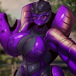 beast_wars big_breasts black_body megatron_(beast_wars) purple_armor red_eyes robot robot_girl rule_63 smile smiling smiling_at_viewer tr_yithaz transformers