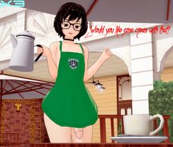 1boy aries_(x3n0n999) big_penis cafe chair coffee coffee_mug coffee_pot dark_hair dialogue femboy glasses holding_object iced_latte_with_breast_milk iced_latte_with_dick_milk koikatsu male male_only meme naked_apron pale-skinned_male pale_skin partially_clothed partially_nude penis public public_nudity short_hair spoon starbucks table text thick_thighs thighs trap twink watermark x3n0n999