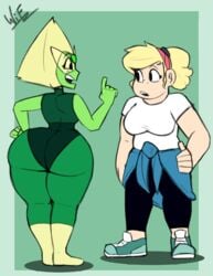 2girls ass ass_focus big_ass big_butt bodysuit bottom_heavy breasts bubble_butt cartoon_network color edit fat_ass gem_(species) green_leotard green_skin hand_on_hip multiple_girls peridot_(steven_universe) sadie_miller simple_background steven_universe steven_universe_future thick_ass thick_thighs thin_waist weirdisfun white_shirt yellow_hair