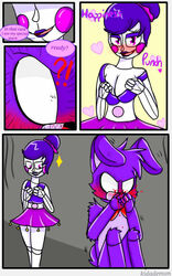 2d 2d_(artwork) ballora ballora_(fnafsl) blush bonnie_(fnaf) bra_pull breasts comic female five_nights_at_freddy's five_nights_at_freddy's:_sister_location flirting fnaf kidademon large_breasts looking_at_another nosebleed purple_fur rabbit reference scottgames sister_location sitting standing straight teasing