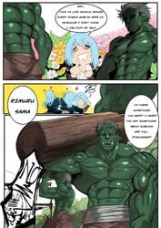 3boys abs big_muscles blue_hair colored comic english_text fangs goblin goblin_male gray_hair green_(artist) green_body green_skin hobgoblin larger_male male_only manga monster multiple_boys muscles muscular rigurd rimuru_tempest sharp_teeth speech_bubble tensei_shitara_slime_datta_ken text topless