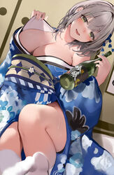 1girls 2021 alternate_version_available blue_kimono blush bottle braid breasts crown_braid drunk female female_focus female_only full-face_blush green_eyes grey_hair highres holding holding_bottle hololive hololive_fantasy hololive_japan indoors japanese_clothes kimono kimono_pull large_breasts looking_at_viewer mole mole_on_breast niii_(memstapak) obi open_mouth sake_bottle sash shirogane_noel short_hair sitting smile socks solo solo_female solo_focus sweat thighs virtual_youtuber