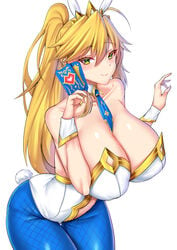 ahoge animal_ears artoria_pendragon artoria_pendragon_(fate) artoria_pendragon_(swimsuit_ruler) bangs bare_shoulders blonde_hair blue_legwear blue_neckwear blush braid breasts bunny_ears card clothing_cutout collarbone detached_collar fate/grand_order fate_(series) feather_boa female fishnet_pantyhose fishnets french_braid funaya_(a2brasd) green_eyes highleg highleg_leotard highres large_breasts leotard long_hair looking_at_viewer navel navel_cutout necktie pantyhose playboy_bunny playing_card ponytail rabbit_ears rabbit_tail sidelocks simple_background smile solo tail tiara type-moon white_background white_leotard wrist_cuffs