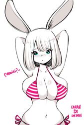 1girls arms_behind_head arms_up bikini blue_eyes blush bob_cut carrot_(one_piece) female female_only furry kenron_toqueen large_breasts one_piece pink_bikini rabbit shiny_breasts shy simple_background solo standing striped_bikini text white_fur white_hair