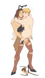 2boys armin_arlert arms_around_neck ass ass_grab attack_on_titan barefoot blonde_hair bodily_fluids brown_hair bunny_boy bunny_ears butt_grab carrying_partner crossdressing eren_jaeger feet femboy gay genital_fluids genitals hand_on_ass hand_on_butt heels imminent_anal imminent_sex legs_around_waist male male/male male_only nude nude_male penis pinkunina precum precum_drip ripped_clothing ripped_pantyhose ripped_stockings shingeki_no_kyojin stand_and_carry_position standing white_background yaoi