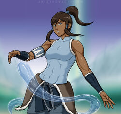 1girls abs action_pose armband athletic_female avatar_legends bare_shoulders brown_hair clothed clothing coat_around_waist cowboy_shot dark-skinned_female dark_skin deltoids female female_only fit_female fully_clothed fur_trim hair_tubes high_ponytail korra kowachi long_hair looking_at_viewer medium_breasts muscles muscular_female nickelodeon open_mouth pants six_pack solo solo_female standing straight_hair tank_top the_avatar the_legend_of_korra thin_waist tight_clothing tight_shirt tomboy toned_female tri_tails upper_body water water_tribe waterbending wide_hips wrist_wraps