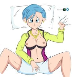 black_bra blue_eyes blue_hair bra_up breasts bulma_briefs dragon_ball dragon_ball_super green_jacket masturbation nipples pink_jacket reciodb showing_breasts white_shorts