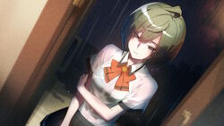 1girls ahoge arc_system_works blue_eyes boobs bra bra_visible_through_clothes breasts doorway embarrassed female female_focus female_only green_hair light-skinned_female light_skin miu_amana outdoors rain raining ribbon sad school_uniform short_hair skirt standing_in_doorway striped_skirt wet wet_clothes wet_clothing white_body white_skin world_end_syndrome worldend_syndrome