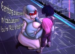 balls big_breasts big_penis blue_skin boob_window boobjob breasts cape darky deltarune dialogue eyeless_male foreskin hard_nipples kris_(deltarune) lipstick massive_breasts nipples paizuri penis queen_(deltarune) robot robot_girl smaller_male smile smirk text titjob undertale veins veiny_penis video_games