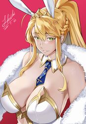 absurdres ahoge animal_ears artoria_pendragon artoria_pendragon_(all) artoria_pendragon_(fate) artoria_pendragon_(swimsuit_ruler) bangs bare_shoulders blonde_hair blue_neckwear blush braid breasts bunny_ears cleavage clothing_cutout detached_collar fate/grand_order fate_(series) feather_boa female french_braid green_eyes hair_between_eyes hi_res highres large_breasts leotard long_hair looking_at_viewer navel_cutout necktie playboy_bunny ponytail rabbit_ears shiiki_(love-saber) sidelocks smile solo tiara type-moon white_leotard wrist_cuffs