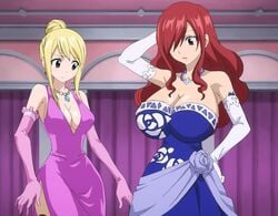 2girls big_breasts breast_expansion breast_size_difference cleavage edit edited edited_screencap erza_(fire_tail) erza_scarlet fairy_tail huge_breasts lucy_heartfilia redwizard third-party_edit