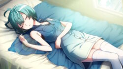 arc_system_works bed bed_sheet black_bra bra cleavage closed_eyes closed_eyes green_hair laying_down laying_on_bed leggings legwear light light-skinned_female light_skin long_shirt miu_amana open_mouth room short_hair sleeping white_body white_skin world_end_syndrome worldend_syndrome