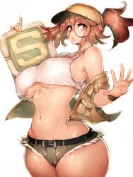 1girls brown_hair female female_focus female_only fio_germi fumio_(rsqkr) glasses huge_breasts huge_thighs light-skinned_female light_skin looking_at_viewer low_cut_top metal_slug pale-skinned_female pale_skin short_shorts simple_background solo solo_female solo_focus thick_thighs underboob wide_hips