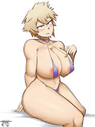 1girls big_breasts bikini blonde_hair breasts eye_contact female huge_breasts jmvmaa large_breasts looking_at_viewer mature_female micro_bikini milf mitsuki_bakugou my_hero_academia red_eyes short_hair thick_thighs thighs white_background