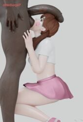 1boy 1girls 3d alternate_costume ball_sucking big_penis blizzard_entertainment cock_worship cute d.va dark-skinned_male dark_skin eye_contact huge_cock interracial korean lipstick_on_penis oral overwatch petite redsaga squatting sucking_testicles twintails white_background