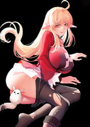 adult aged_up ashui_ku ass big_breasts blonde_hair breasts dodoco_(genshin_impact) genshin_impact hi_res klee_(genshin_impact) nipple_bulge pointy_ears red_eyes thick_ass thick_thighs thighhighs thighs tight_clothing torn_thighhighs