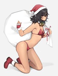 1girls andou_(girls_und_panzer) bell bikini black_hair boots brown_eyes christmas commentary_request cute dark-skinned_female dark_skin female fingerless_gloves fringe full_body fur-trimmed_boots fur-trimmed_gloves fur-trimmed_headwear fur_trim girls_und_panzer gloves hat kneeling long_hair looking_at_viewer medium_hair messy_hair petite red_bikini red_footwear red_gloves red_headwear sack santa_hat seductive_look skinny slim small_breasts swimsuit tan_(inka) tan_skin teenager white_background