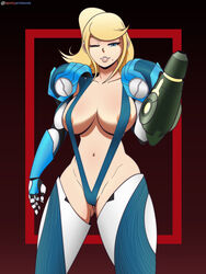 armor beauty_mark blonde_hair blue_eyes breasts highres lips metroid metroid_dread nintendo partially_nude pinup ponytail power_suit samus_aran sling_bikini spotty_arts uncensored