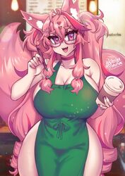 big_breasts child_bearing_hips choker curvy fox_ears fox_tail glasses hairclip hourglass_figure huge_breasts iced_latte_with_breast_milk indie_virtual_youtuber kireina_pinky_fox looking_at_viewer meme naked_apron original osiimi pale-skinned_female pale_skin pink_eyes pink_hair pinky_fox_(osiimi) starbucks virtual_youtuber