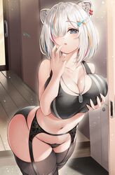 1girls belly_button big_ass big_breasts big_thighs black_panties cleavage clothed dog_tags female female_focus female_only garter_belt grey_eyes grey_hair highres holding_breast hololive hololive_gen_5 hololive_japan licking_fingers lingerie lion_ears multicolored_hair presenting_breasts roina shishiro_botan simple_background squished_breasts thick_thighs thighhighs virtual_youtuber wide_hips