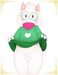 anthro blush cappuchino clothed clothing clothing_lift deltarune fur furry furry_only horns looking_at_viewer male male_only penis ralsei small_penis solo undertale_(series)