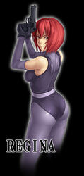 1girls amber_eyes ass ass_focus back_view beretta_92_(weapon) black_background black_gloves black_legwear black_leotard bodysuit butt_crack capcom deep_rising dino_crisis elbow_gloves grey_bodysuit gun holding_gun holding_pistol japanese leotard looking_at_viewer looking_to_the_side military pistol red_hair regina_(dino_crisis) short_red_hair solo_female thor_(deep_rising) tight_bodysuit tight_clothing tight_leotard