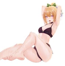 armpits arms_behind_head arms_up ass bare_arms bare_legs bare_shoulders barefoot black_bra black_choker black_shorts black_underwear blonde_hair bow bra breasts chloe_(princess_connect!) choker cleavage dolphin_shorts feet female hair_between_eyes hair_ornament hairbow high_resolution hiki_niito hiki_nito knees_up lace lace-trimmed_bra lace_trim legs long_hair looking_at_viewer medium_breasts micro_shorts open_mouth ponytail princess_connect! princess_connect!_re:dive purple_eyes sexy_armpits shirt shirt_lift short_shorts shorts side_slit simple_background solo spaghetti_strap stomach sweat sweaty_armpits thighs tied_hair underwear undressing very_high_resolution wet white_background white_shirt