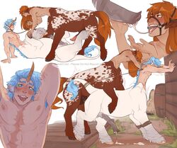 abs against_wall ahe_gao anthrofied appaloosa_(marking) armpits arms_up bleach blue_eyes blue_hair blush brown_fur centaur cum cum_on_floor cumming cumming_from_anal_sex face_harness gay gay_sex grimmjow_jaegerjaquez hooves horn horse horsecock ichigo_kurosaki legs_up looking_at_another looking_at_each_other looking_at_genitalia looking_at_partner looking_at_penis male/male male_only male_penetrating male_penetrating_male orange_eyes orange_hair pleasure_face public rope scar simple_background taur tongue_out unicorn veiny_penis white_fur wulverc yaoi