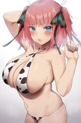 animal_print bangs bare_shoulders bikini black_ribbon blue_eyes blunt_bangs blush breasts butterfly_hair_ornament cleavage collarbone cow_bikini cow_print criss-cross_halter female go-toubun_no_hanayome gradient gradient_background hair_ornament halterneck highres large_breasts looking_at_viewer nakano_nino navel open_mouth pink_hair ribbon sideboob swimsuit two_side_up usa_b white_bikini