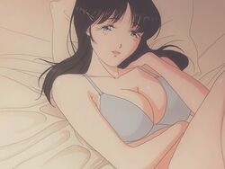 black_hair bra chrunillo large_breasts long_hair looking_at_viewer pantsu_hunter_back_to_the_90s pillow shy smile yukari_arai