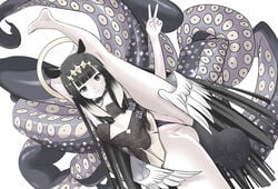 1girls achat angel_wings black_and_white choker clothed dark_hair diadem female female_focus female_only halo hand_on_leg hands_behind_head highres hololive hololive_english hololive_myth leg_above_head leg_over_shoulder legs_over_head legs_spread light_hair long_hair looking_at_viewer mole mole_under_eye multicolored_hair ninomae_ina'nis peace_sign pussy pussy_focus pussy_peek pussy_visible_through_clothes questionable_anatomy smile smiling smiling_at_viewer tentacle tiara very_long_hair virtual_youtuber white_background wings