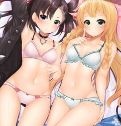 2girls bikini black_hair blonde_hair blush breasts choker eye_contact female female_only hair_ribbon jacket lillie_(pokemon) long_hair looking_at_viewer marnie_(pokemon) minato_ojitan nintendo pokemon pokemon_sm pokemon_ss short_hair thighs