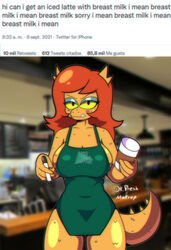 1girls anthro apron_only big_breasts cartoon_network cosma cosma_(ok_k.o.!_lbh) dragon female_only furry iced_latte_with_breast_milk meme ok_k.o.!_let's_be_heroes orange_scales red_hair yellow_eyes