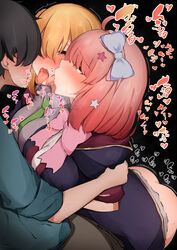 1boy 2girls arm_grab ass between_breasts black_background black_coat blonde_hair blue_bow blue_shirt blush bottomless bow bowtie breasts breasts_apart brown_eyes chieru_(princess_connect!) chloe_(princess_connect!) clothing coat collared_shirt double_kiss empty_eyes female ffm_threesome green_neckwear grey_shirt group_sex hair_ornament hair_over_eyes hairbow heart heart-shaped_pupils high_resolution japanese_language japanese_text male medium_breasts multiple_girls narusan_beam2 necktie necktie_between_breasts nose_blush open_mouth pink_bow pink_hair pink_neckwear princess_connect! princess_connect!_re:dive purple_eyes saliva sex shirt short_hair simple_background speech_bubble spoken_heart star_(symbol) star_hair_ornament straight symbol-shaped_pupils text threesome tongue tongue_out translation_request