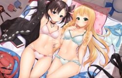 2girls bikini black_hair blonde_hair blush breasts choker eye_contact female female_only hair_ribbon jacket lillie_(pokemon) long_hair looking_at_viewer marnie_(pokemon) minato_ojitan nintendo pokemon pokemon_sm pokemon_ss short_hair thighs