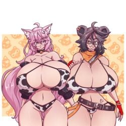 2girls :3 belt big_breasts bikini breasts busty cat_ears cleavage color cow_print cow_print_bikini female female_only huge_breasts indie_virtual_youtuber long_hair looking_at_viewer n647 nipple_bulge nyatasha_nyanners raccoon_ears snuffy thick_thighs thin_waist virtual_youtuber voluptuous vshojo wide_hips