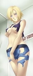 artist_request aya_brea belt blonde_hair blue_eyes blush breasts deep_rising nipples parasite_eve parasite_eve_the_3rd_birthday short_shorts shorts thor_(deep_rising) torn_clothes