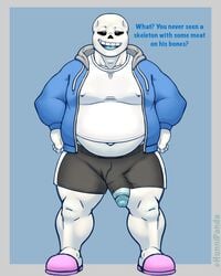 1boy 2021 animated_skeleton anterior_nasal_aperture belly blue_background blue_clothing blue_glans blue_hoodie blue_tongue blue_topwear bone bottomwear bulge clothing dialogue english_text front_view genital_outline genitals glans grey_bottomwear grey_clothing grey_shorts hi_res hoodie humanoid humanoid_genitalia humanoid_penis hunnipanda looking_at_viewer male male_only navel nipple_outline open_mouth open_smile penis penis_outline penis_through_leghole pink_slippers sans shirt shorts simple_background skeleton slippers smile solo standing teeth text tongue topwear undead undertale video_games white_body white_clothing white_shirt white_topwear