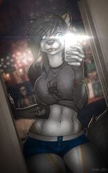 2017 blue_eyes brown_hair camera_flash canine city ear_piercing furry goth josie_(spacepoptart) lip_piercing looking_at_phone mirror navel necklace nose_piercing phone piercing reflection selfie shirt shirt_lift shorts smile solo spacepoptart standing strype tail tongue tongue_out wolf