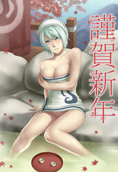 alcohol blue_eyes breasts capcom chinese_text cleavage cup deep_rising female green_hair groin japanese_text large_breasts leaf monster_hunter_(series) monster_hunter_portable_3rd naked_towel onsen outdoors sake short_hair sitting soaking_feet solo thor_(deep_rising) towel towel_on_head translation_request tray water